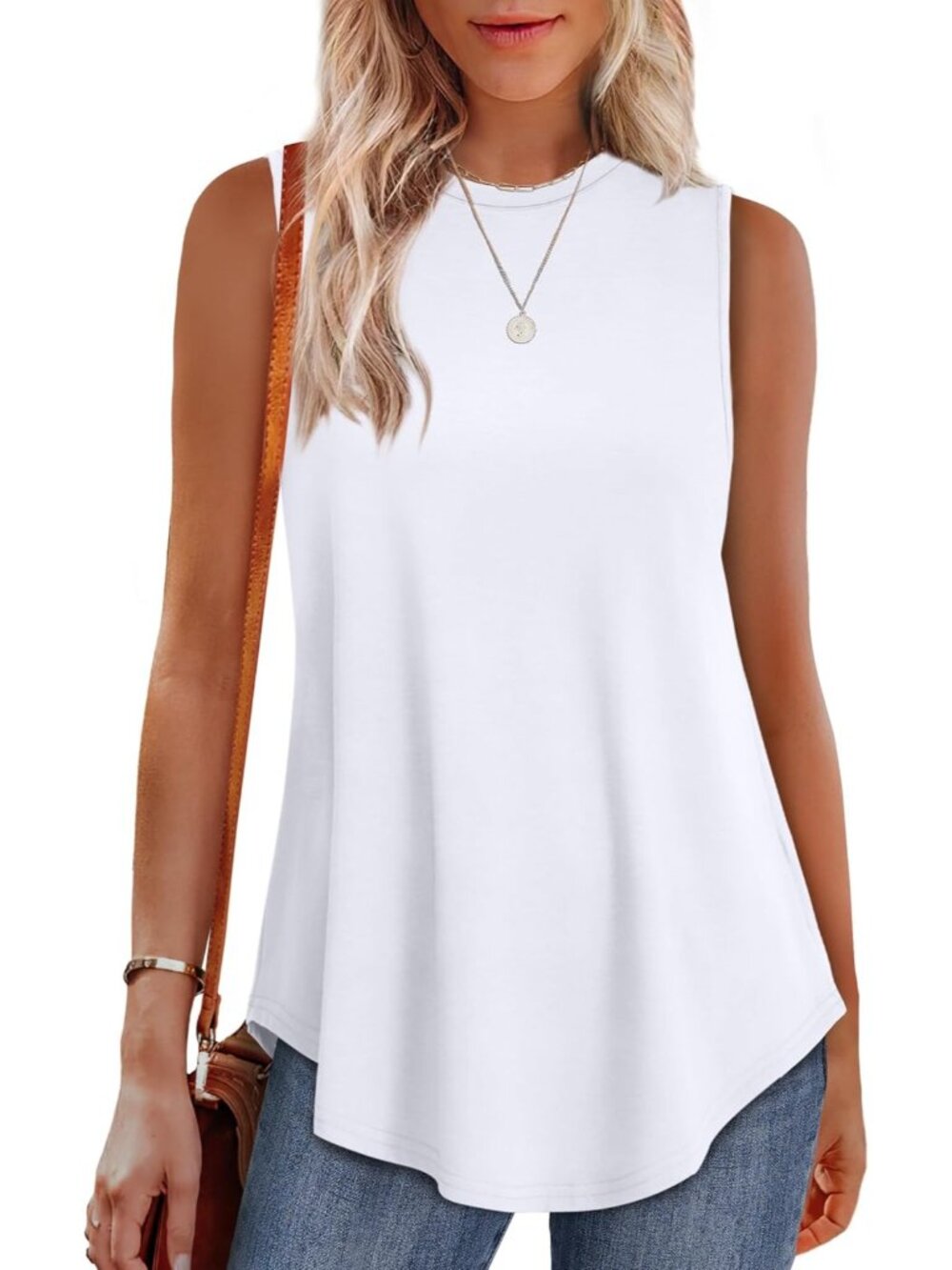 Women's White High Neck Tank Loose Fit Sleeveless Casual Wear Summer Tunic Tops